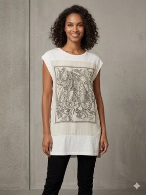 Piazza Sempione Romantic In Cream Paisley Silk Cotton Tunic Top Size 10-12
